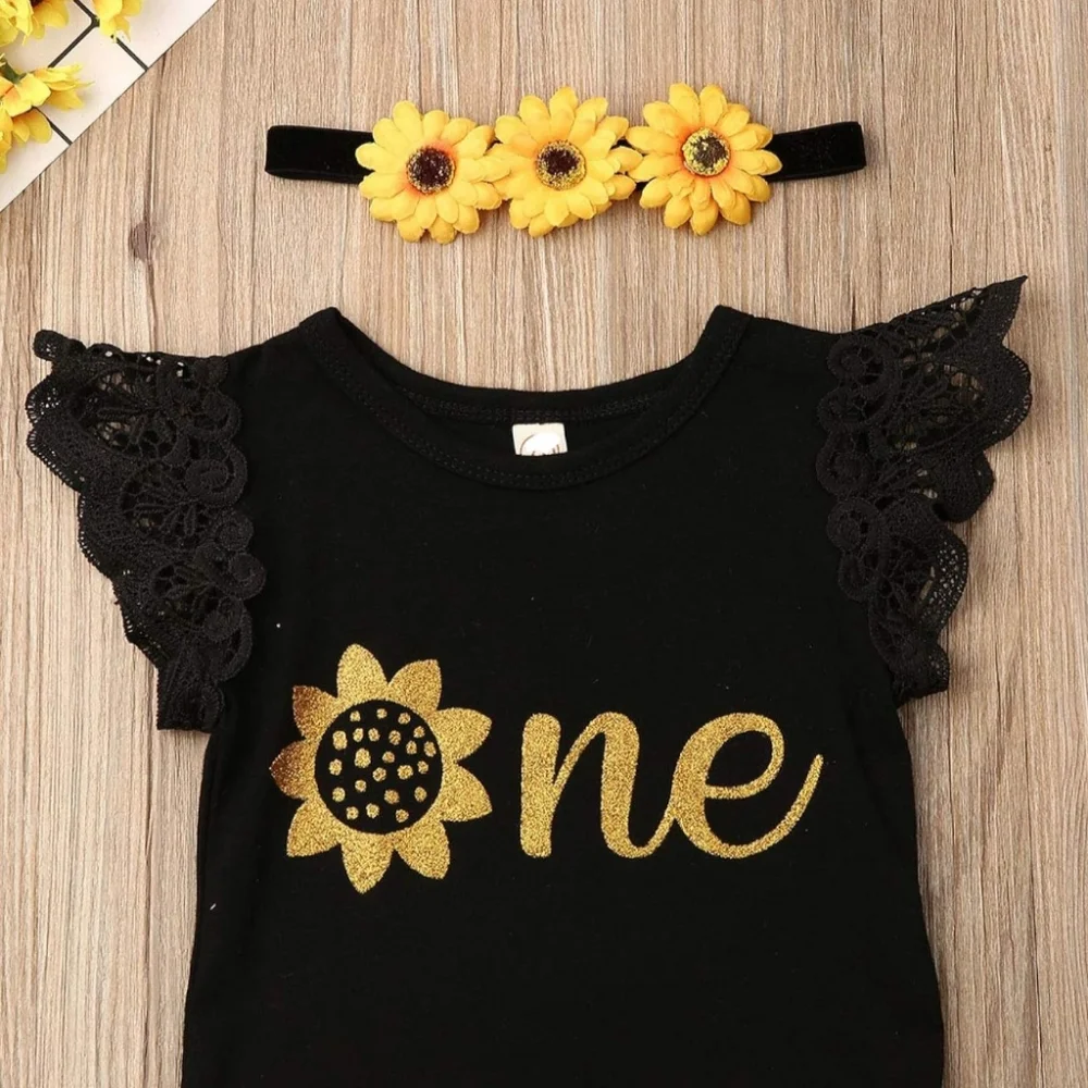 ​Baby Girl First Birthday Outfit Sunflower Tutu Dress Lace Sleeve Bodysuit 9-12M